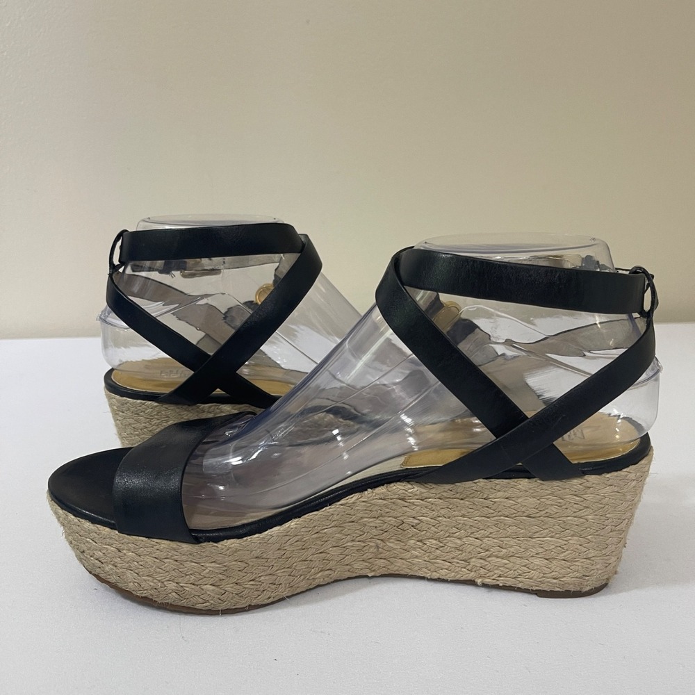 Michael Kors Sandals Womens 8.5M Jalita Black Leather Strappy Platform Wedge - Picture 7 of 11